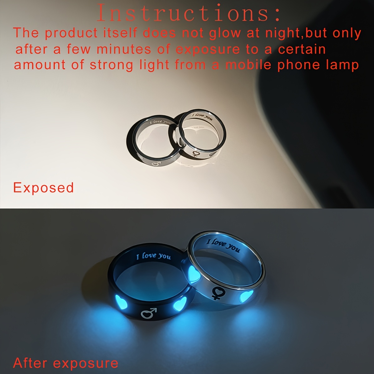 2pcs Glowy Double Hearts in Love Couple Rings